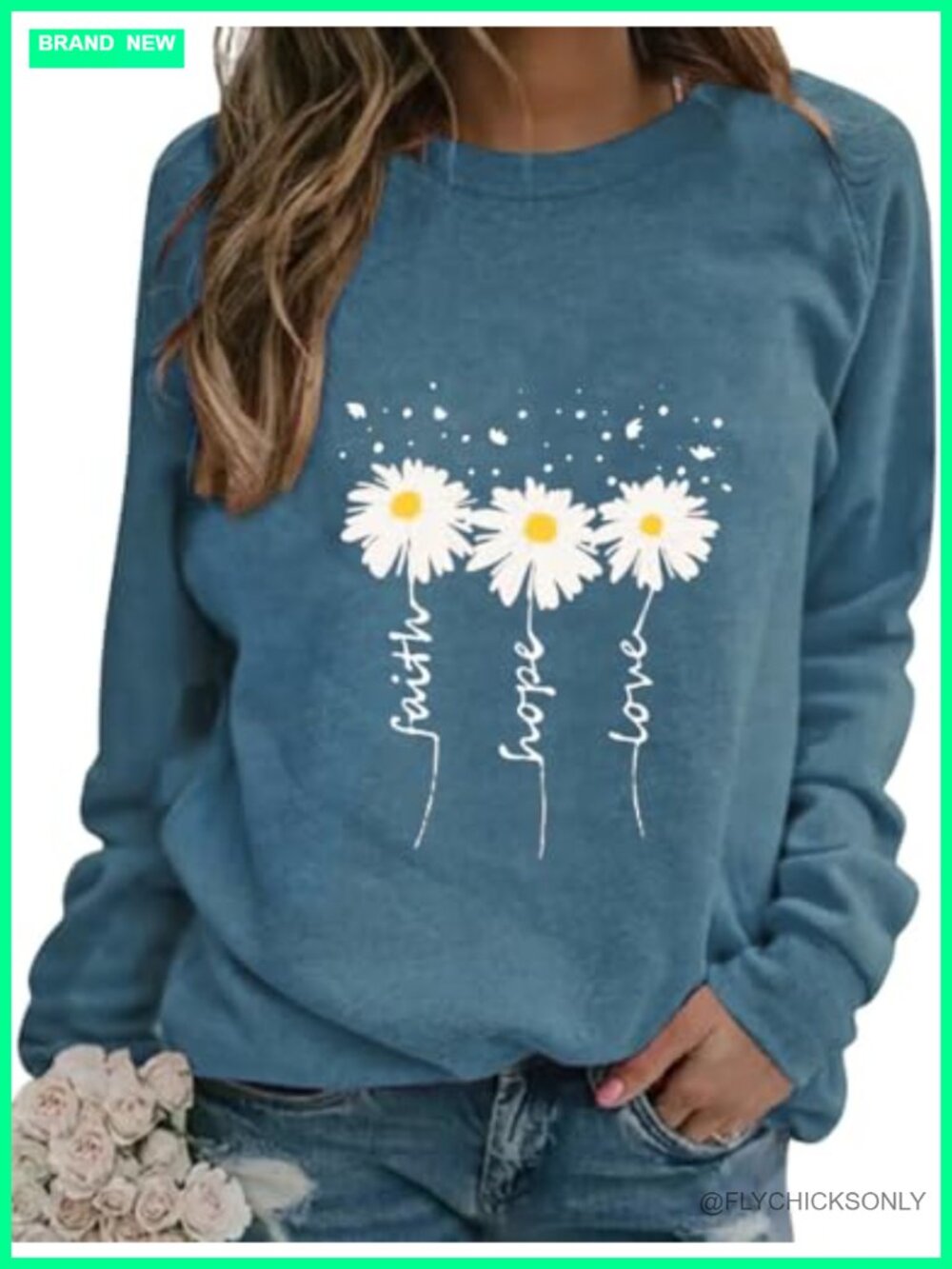 Women Daisy Print Sweatshirt Crewneck Long Sleeve Pullover Top